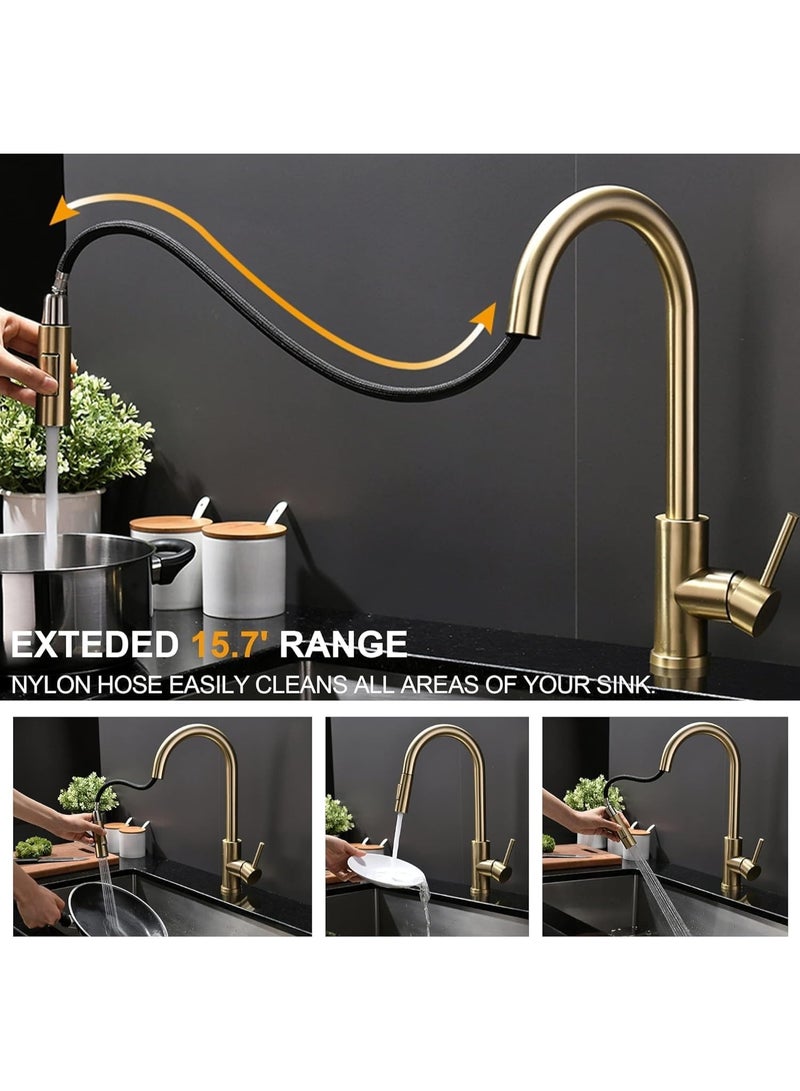 المفتاحة صنبور مطبخ ذهبي مصقول مع بخاخ قابل للسحب - خلاط عصري من الفولاذ المقاوم للصدأ، تصميم بمقبض واحد قابل للسحب للحوض - لمسة نهائية ذهبية فاخرة لمطابخ الإمارات العربية المتحدة - Image 3